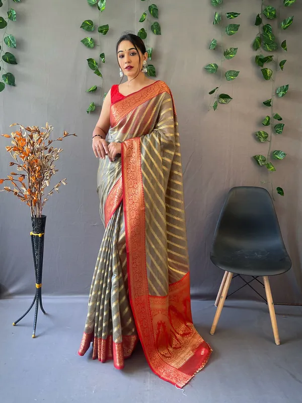 Gray_Pure_Organza_Weaved_Leheriya_Saree_With_Blouse_Piece_Attached